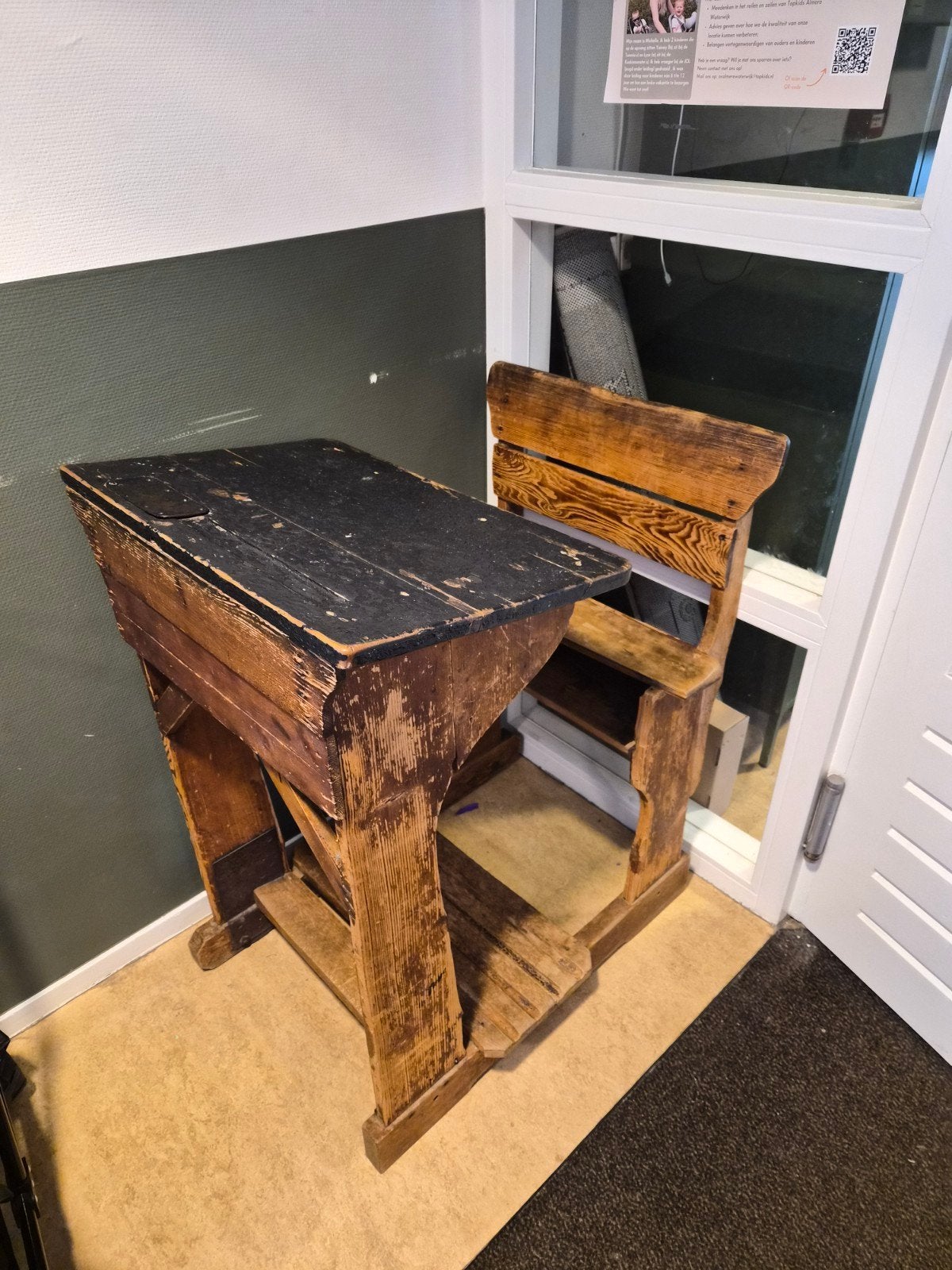 Antieke Oude Schoolbank - Houten Bureau met Stoel, Ophalen