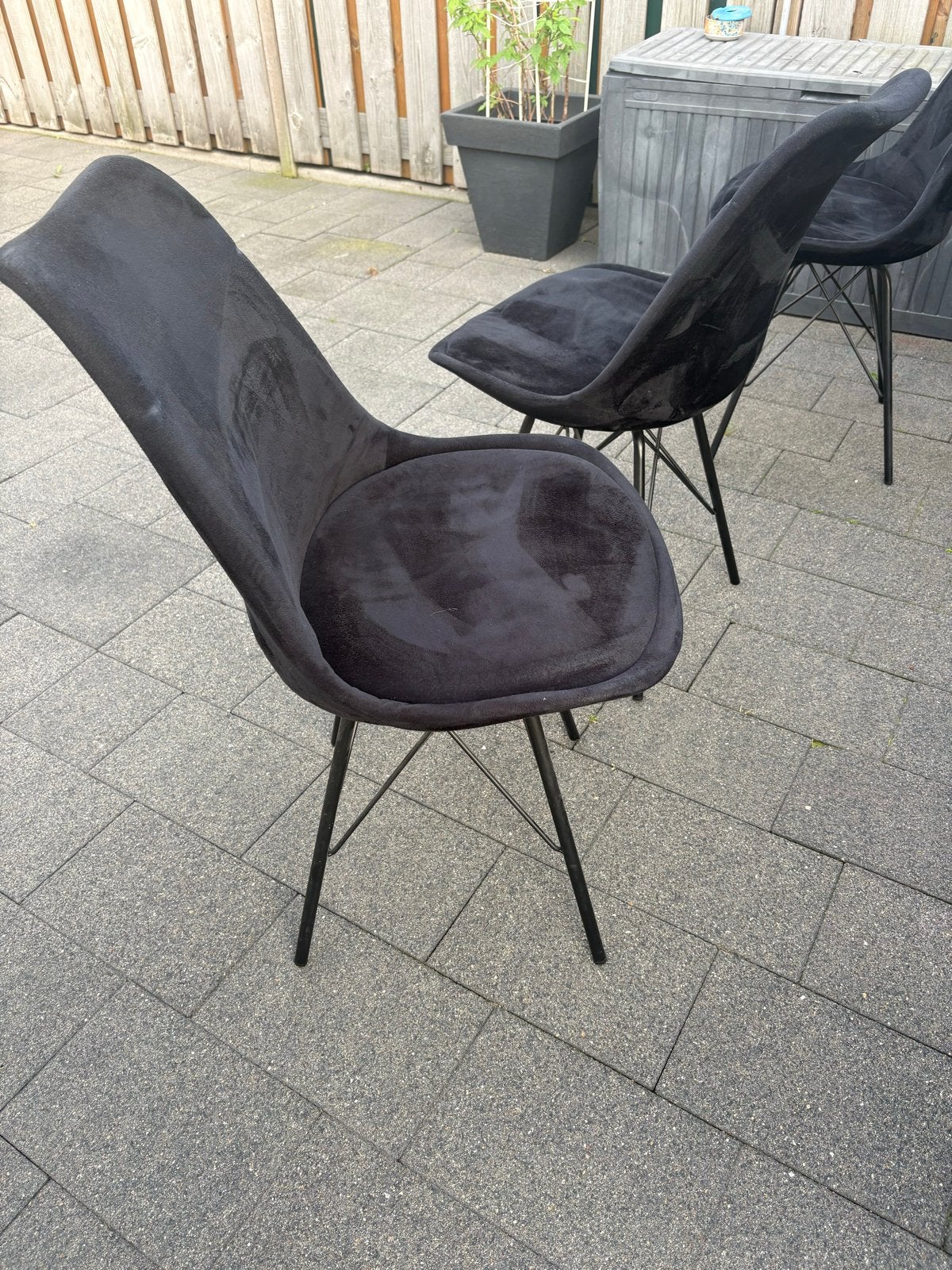 6 Zwarte eetkamerstoelen van stof - Gebruikt, Ophalen, Gebruikt, Drie, Zwart
