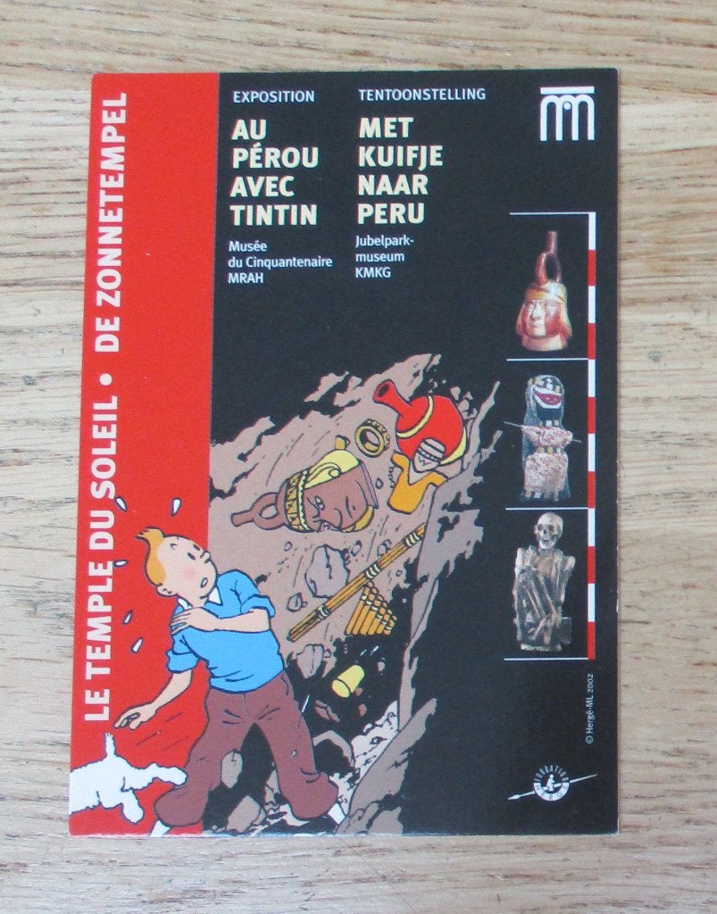 Vintage reclamekaart Kuifje de zonnetempel tentoonstelling, Eén stripboek, Niet van toepassing, Ophalen of Verzenden, Zo goed als nieuw