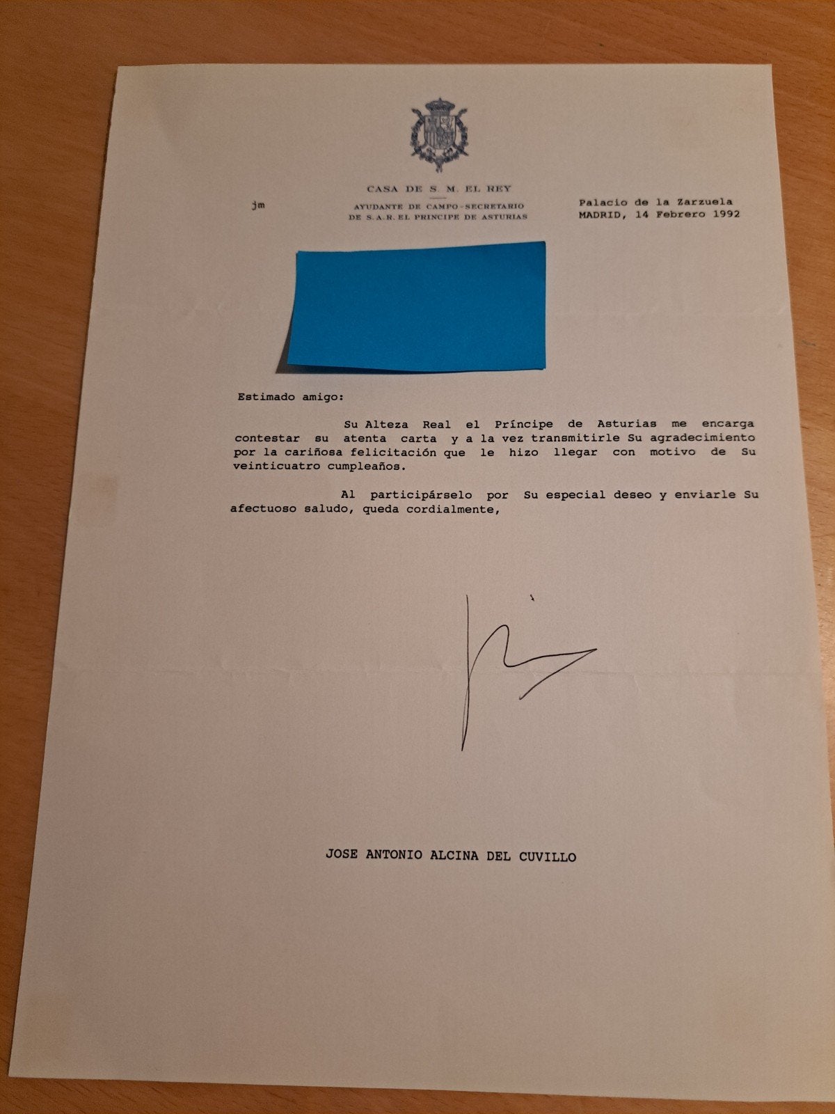 Bedankbrief prins Felipe uit 1992, Ophalen of Verzenden, Zo goed als nieuw