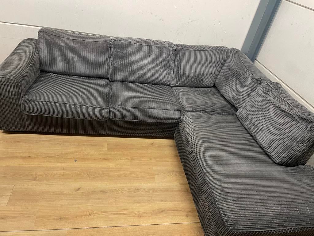 Mooie luxe grijze ribstof hoekbank - GEREINIGD!!!