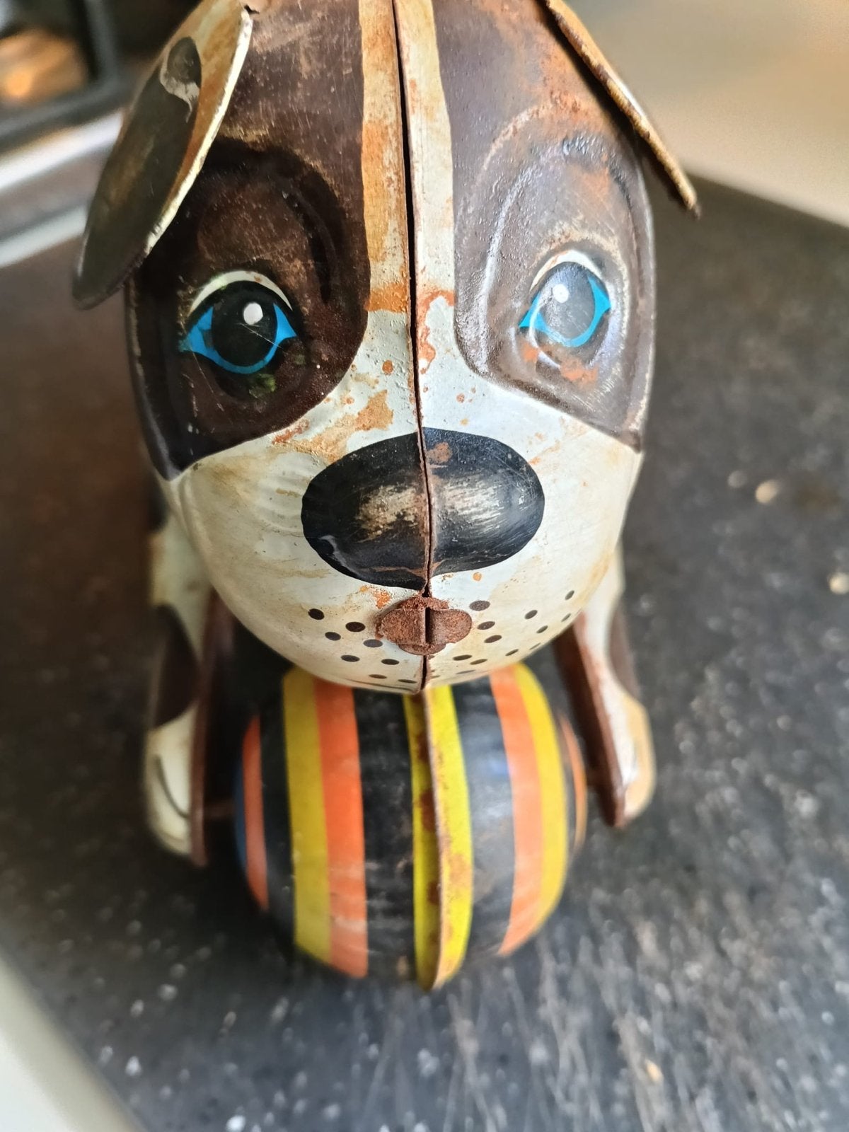 Uniek Antiek Blikken Hondje met Bal - Vintage Speelgoed, Ophalen of Verzenden
