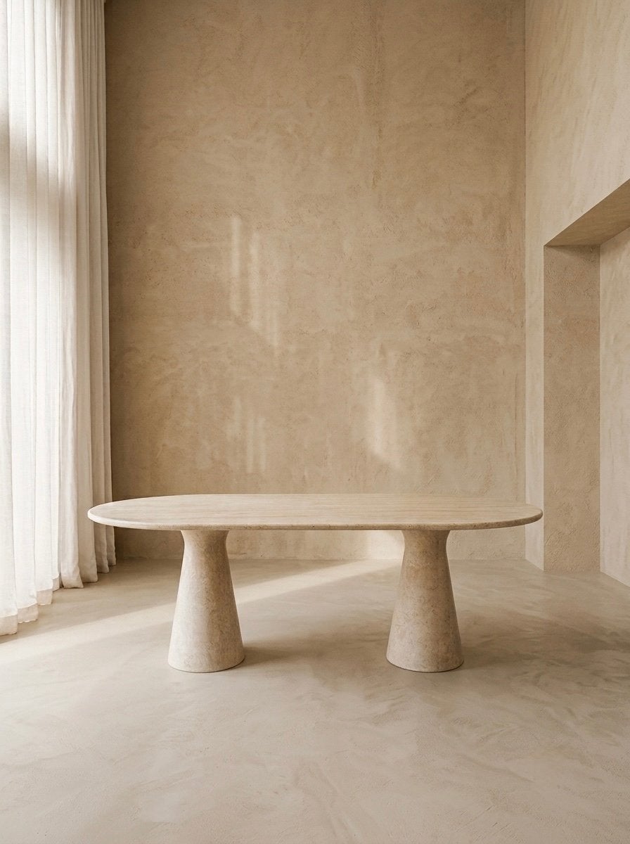 Waanzinnige travertin eettafel met 2 sculturale poten, Ophalen, Overige materialen, 100 tot 150 cm, Vijf personen of meer