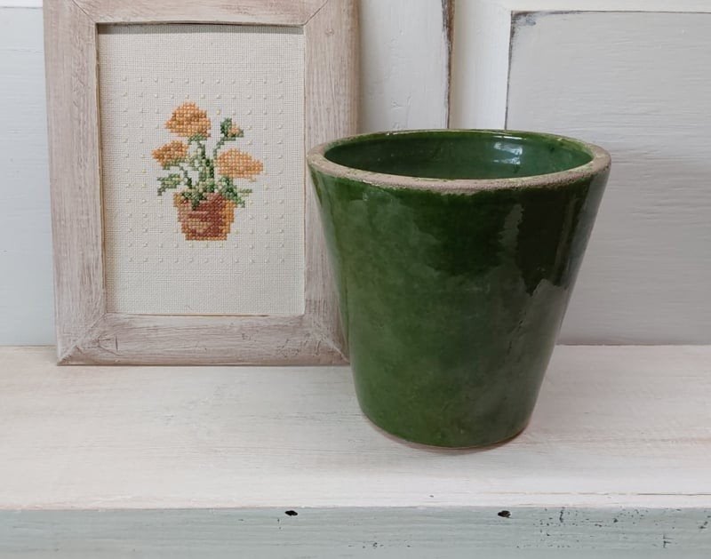 Vintage bloempot, groen glazuur, ., Rond, Ophalen of Verzenden, .