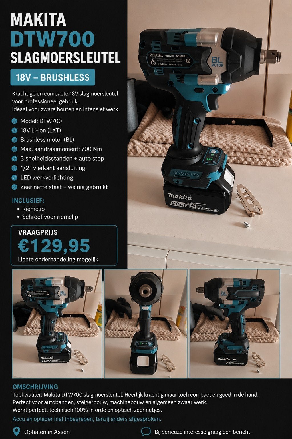 Makita DTW700 18V Brushless Slagmoersleutel, Ophalen of Verzenden, Nieuw