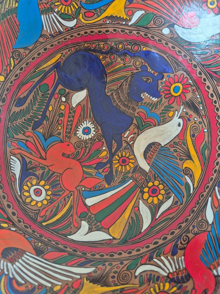Een decoratieve Mexicaanse aardewerken schaal beschilderd, Ophalen, Schaal, Rond, Zo goed als nieuw
