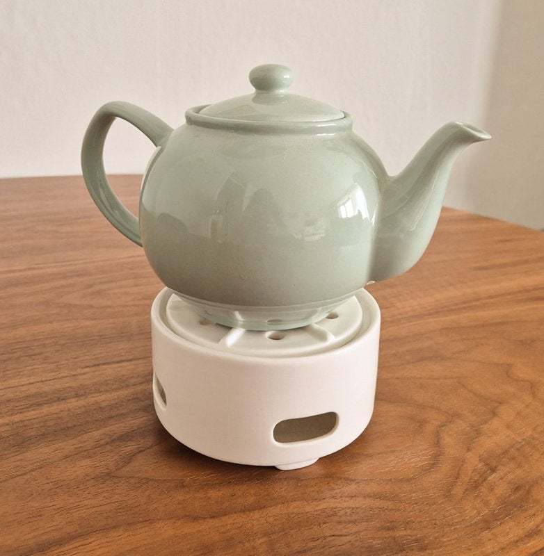 Lichtgroene / blauwe theepot keramiek met rechaud, Keramiek, Vintage, Ophalen of Verzenden, Zo goed als nieuw