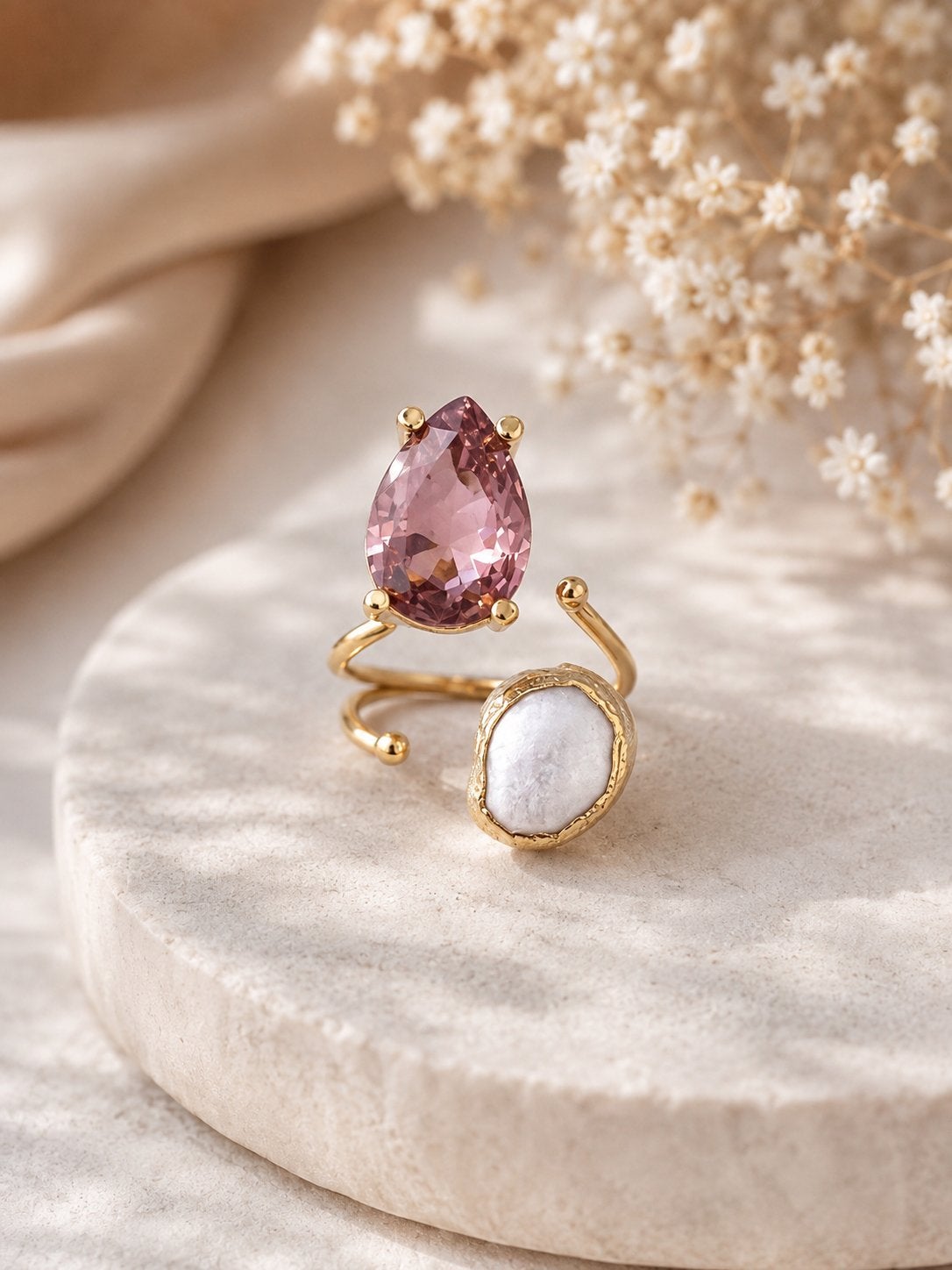 18k Goud vergulde ring met cultive parel en zultaniet, Verzenden, Nieuw, Met edelsteen, Dame