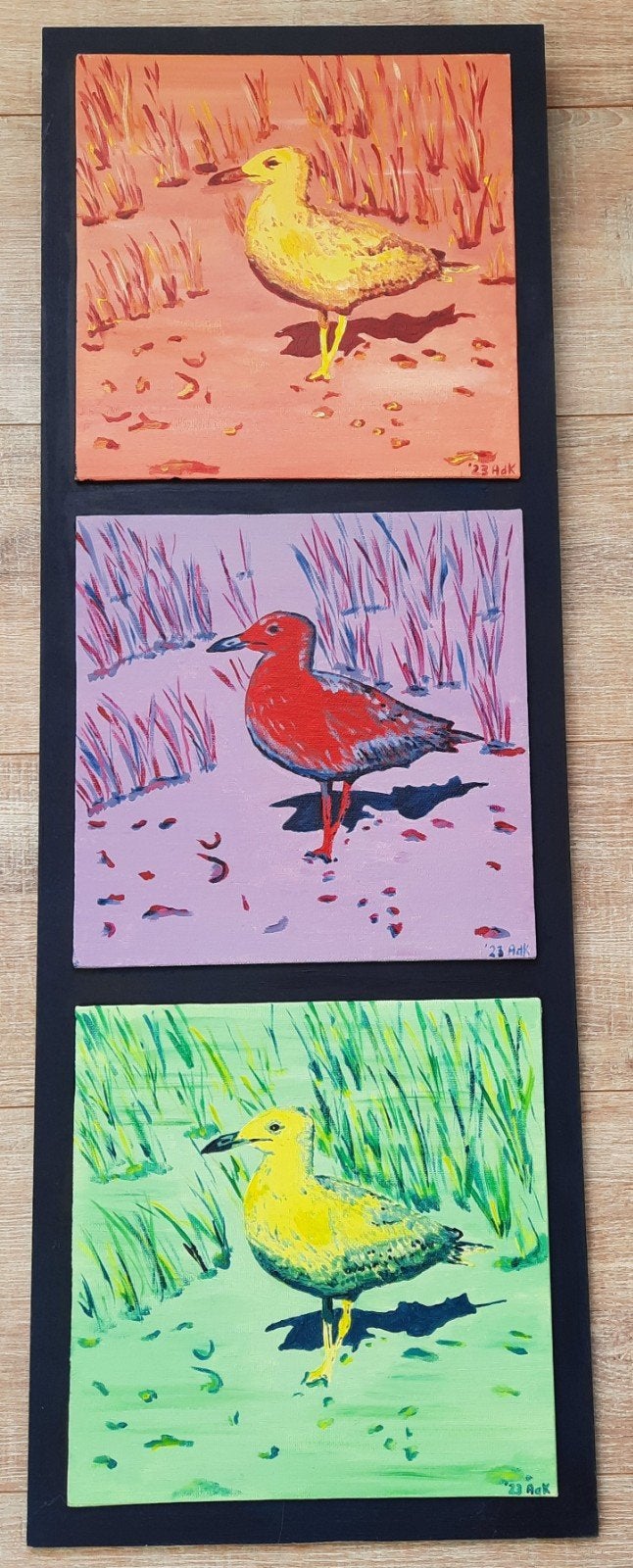 Meeuwen in verschillende kleurstellingen op houten plaat, Ophalen of Verzenden, Acrylverf, Dieren, Doek