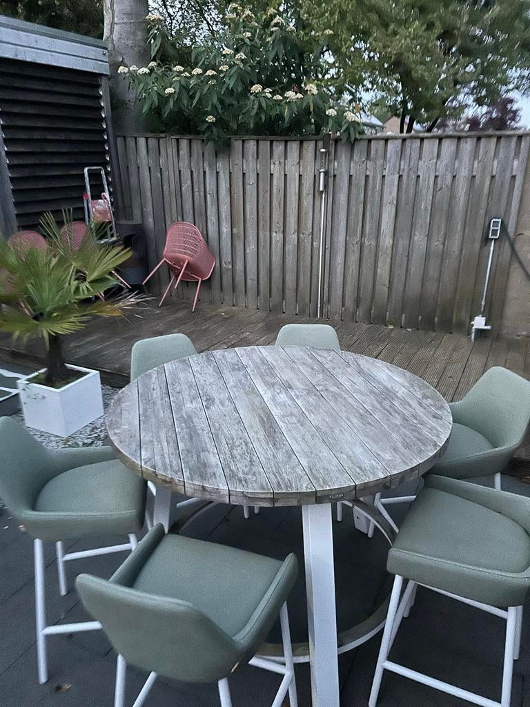 Tuinset: Tafel en 6 luxe stoelkrukken - Olijfgroen, Tuin en Terras, Tuinsets en Loungesets, Ophalen, Gebruikt, Eettafel, 6 zitplaatsen