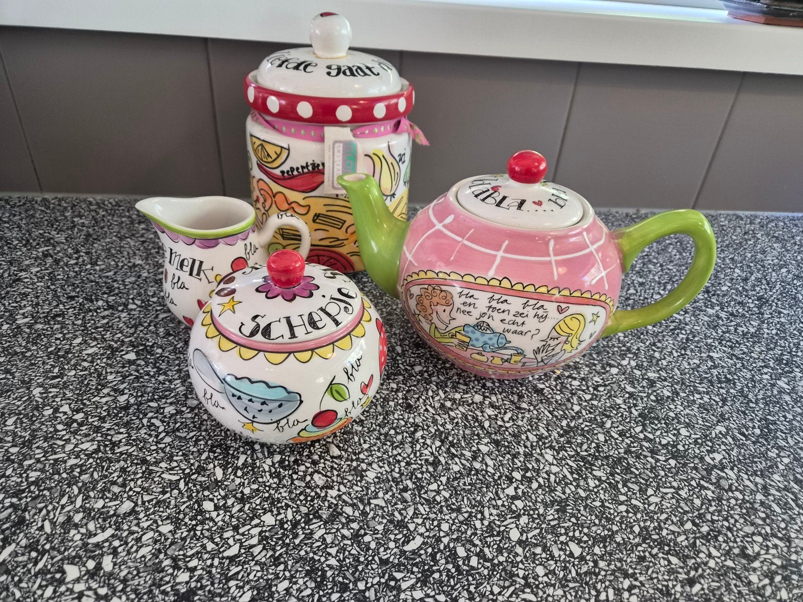 Blond Amsterdam theepot, suikerpot, melkkan,  voorraadpot, Huis en Inrichting, Ophalen, Zo goed als nieuw, Aardewerk, Overige typen