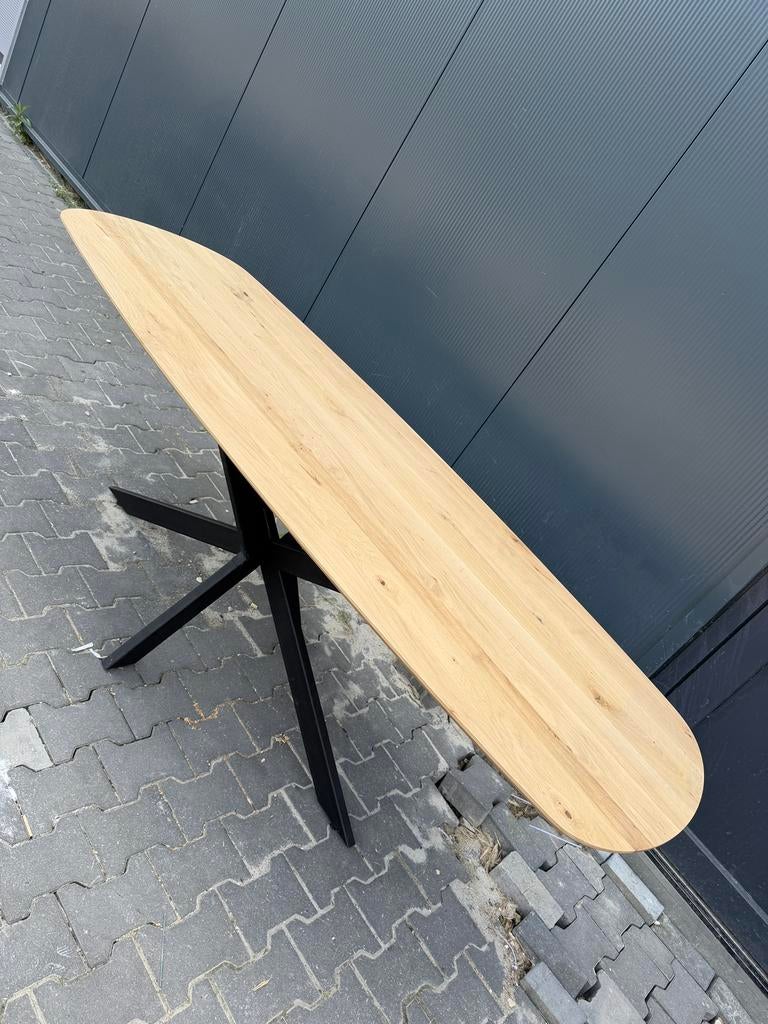 220 x 80 massief eiken deens ovale eettafel, Huis en Inrichting, Ophalen, 100 tot 150 cm, 200 cm of meer, Zo goed als nieuw