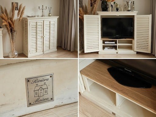 Riviera Maison TV-meubel/kast met louvredeuren, 100 tot 150 cm, 100 tot 150 cm, Grenenhout, Ophalen of Verzenden