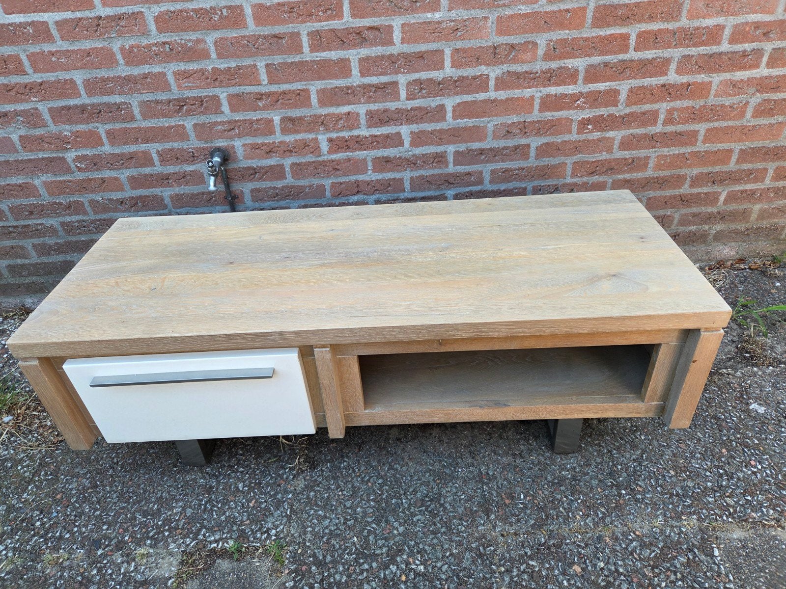 TV meubel van eikenhout met lade en open vak, Ophalen, Minder dan 50 cm, Gebruikt, 100 tot 150 cm