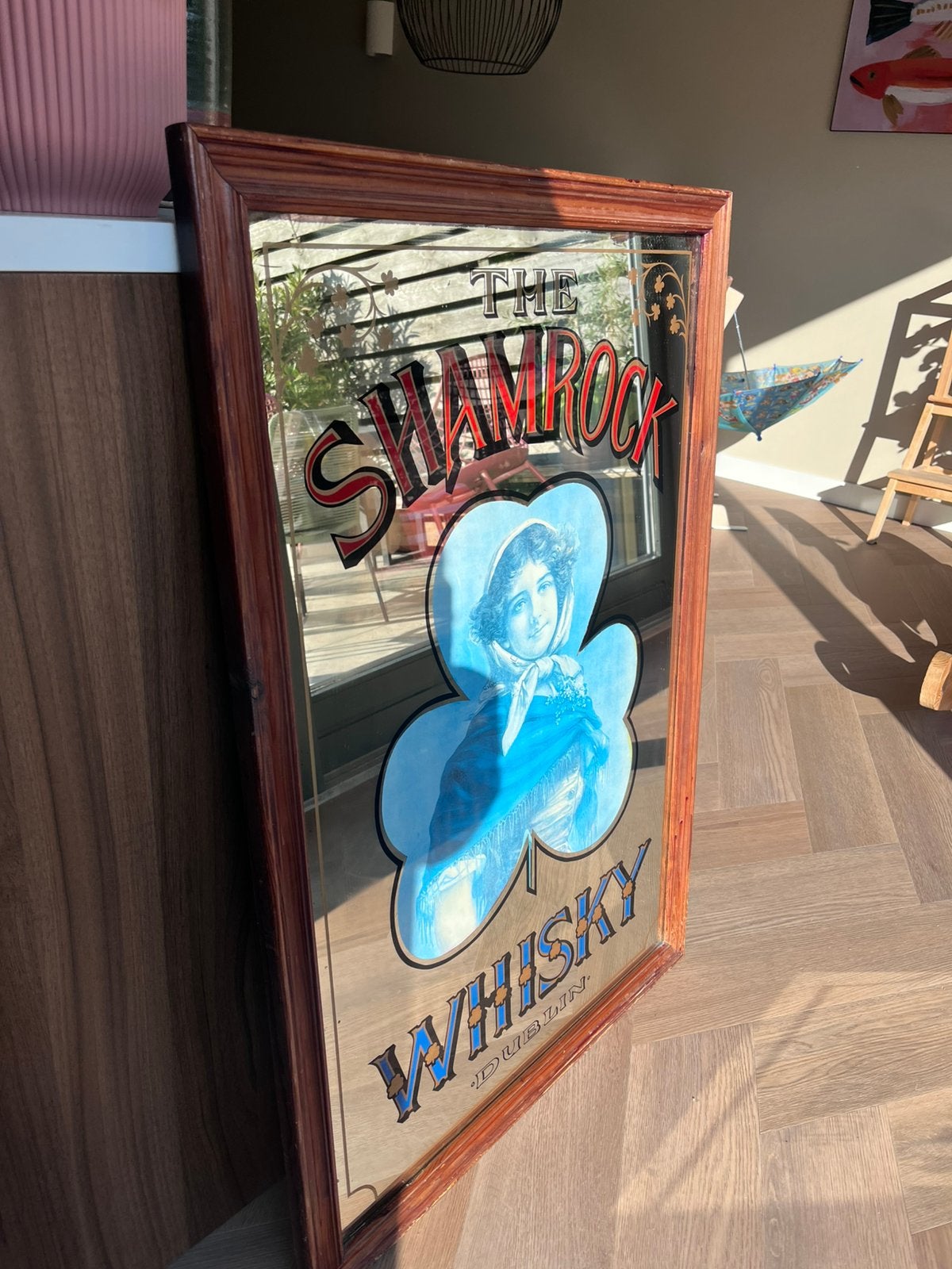 Vintage The Shamrock Whiskey spiegel – Dublin – 100  68 cm, Ophalen, Rechthoekig, Minder dan 50 cm