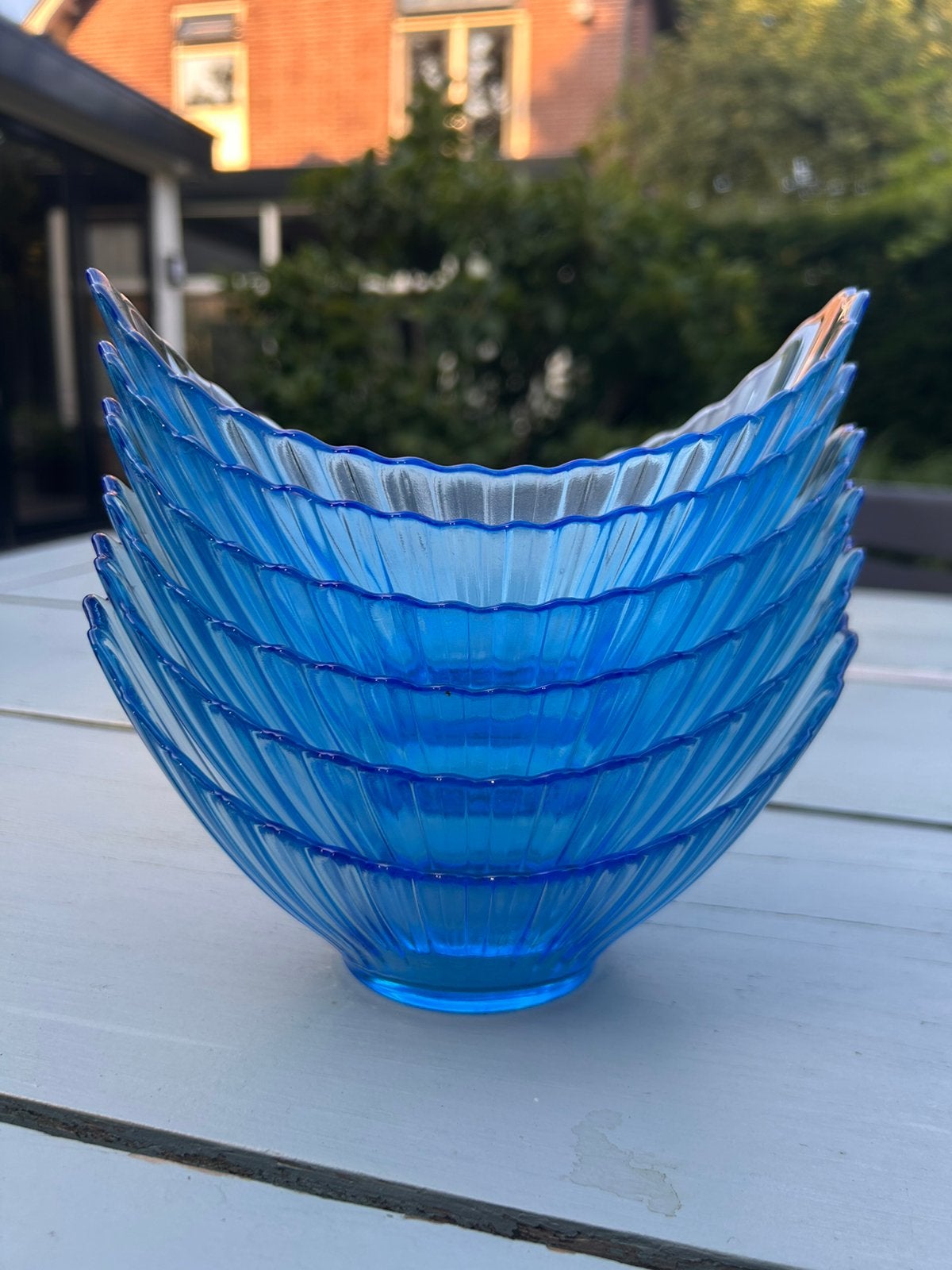 6 Vintage Arc France blauwe glazen dessert-/fruitschaaltjes, Ophalen of Verzenden, Overige stijlen, Glas, Schaal of Schalen