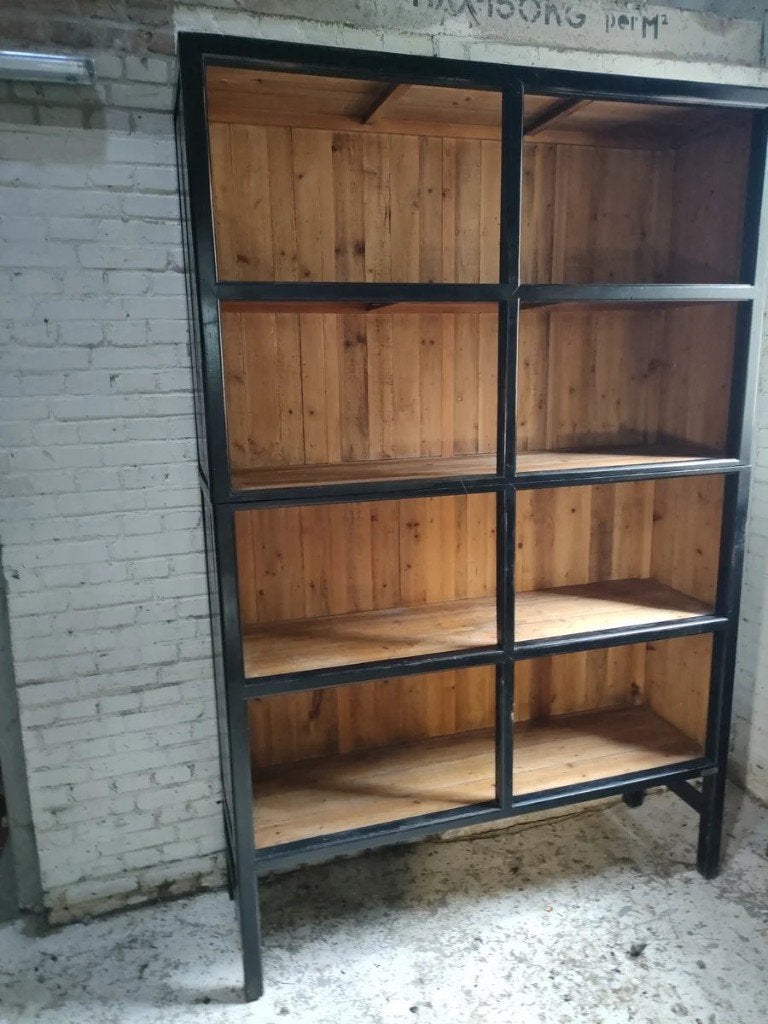 Grote Industriële Houten Vakkenkast (2-delig, Zwart & Hout), Ophalen