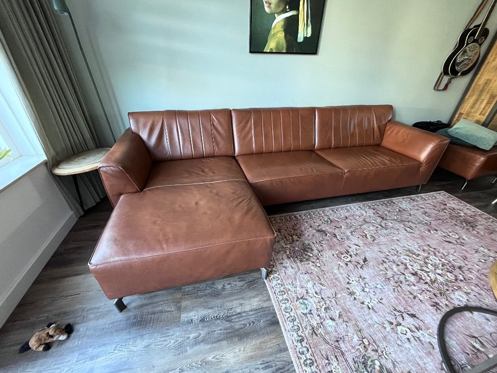 Bank Henders en Hazel Zembla Leer, inclusief poef, Huis en Inrichting, Ophalen, Gebruikt, Hoekbank, 300 cm of meer