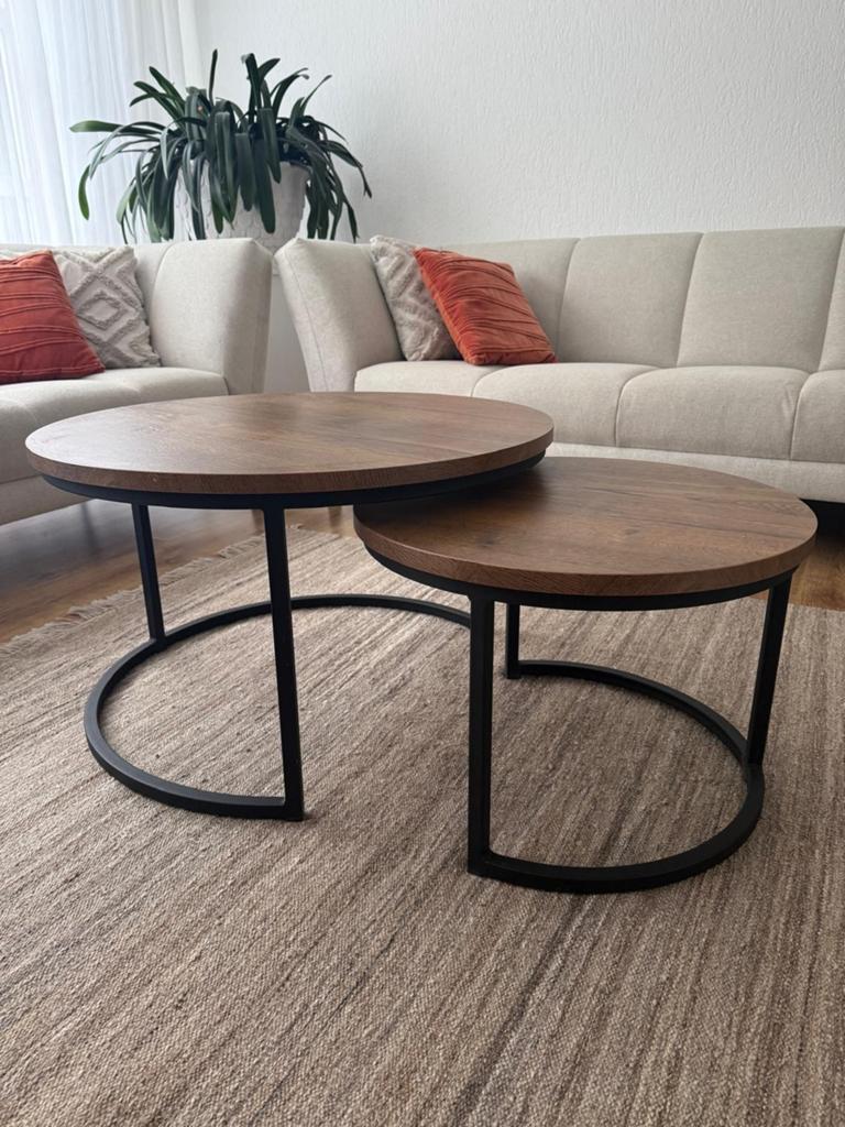 Set van 2 ronde salontafels - Hout en Metaal, Huis en Inrichting, Tafels | Salontafels, Overige houtsoorten, 50 tot 100 cm, Rond