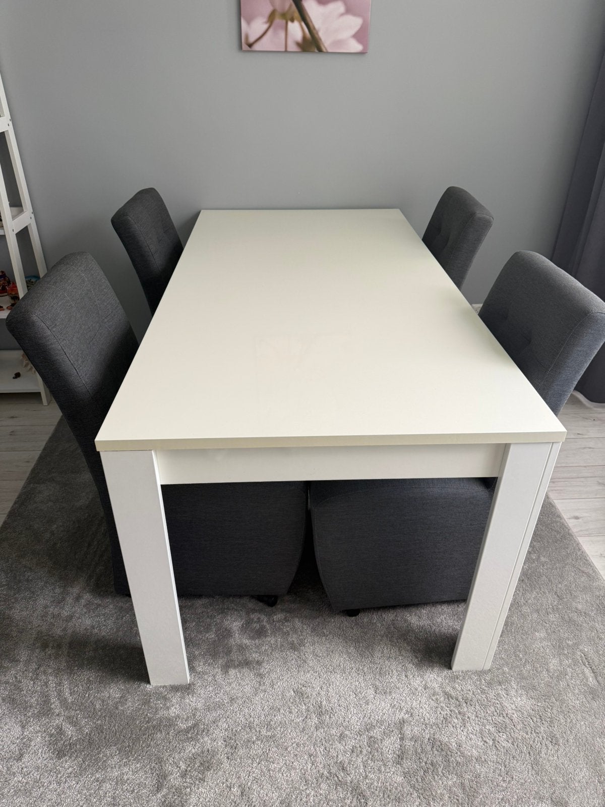 Tafel eettafel hoogglans wit met 4 grijze stoelen, Ophalen, Gebruikt, 50 tot 100 cm, 150 tot 200 cm
