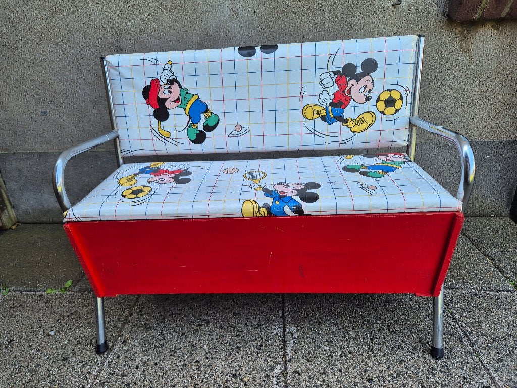 Micky en Minnie verchroomd kinderbankje met opklap zitting., Ophalen of Verzenden, Kuifje, Zo goed als nieuw, Beeldje of Figuurtje