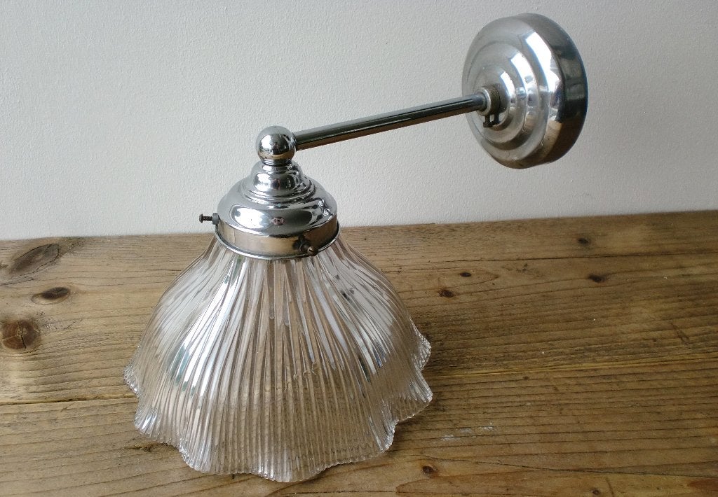 Glazen Art Deco Leeslampje, chromen montuur – Holophane 1910, Gebruikt, Leeslamp, Gerichte verlichting, Zilver