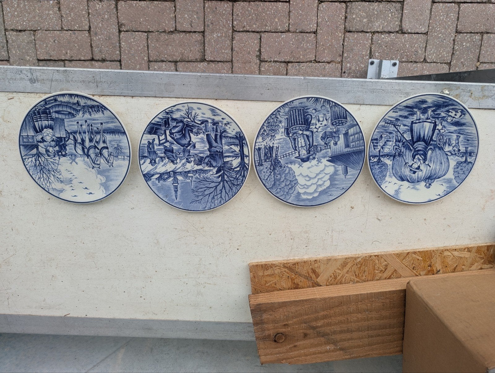 Set van 4 Delfts blauwe wandborden - Wintertaferelen, Ophalen of Verzenden