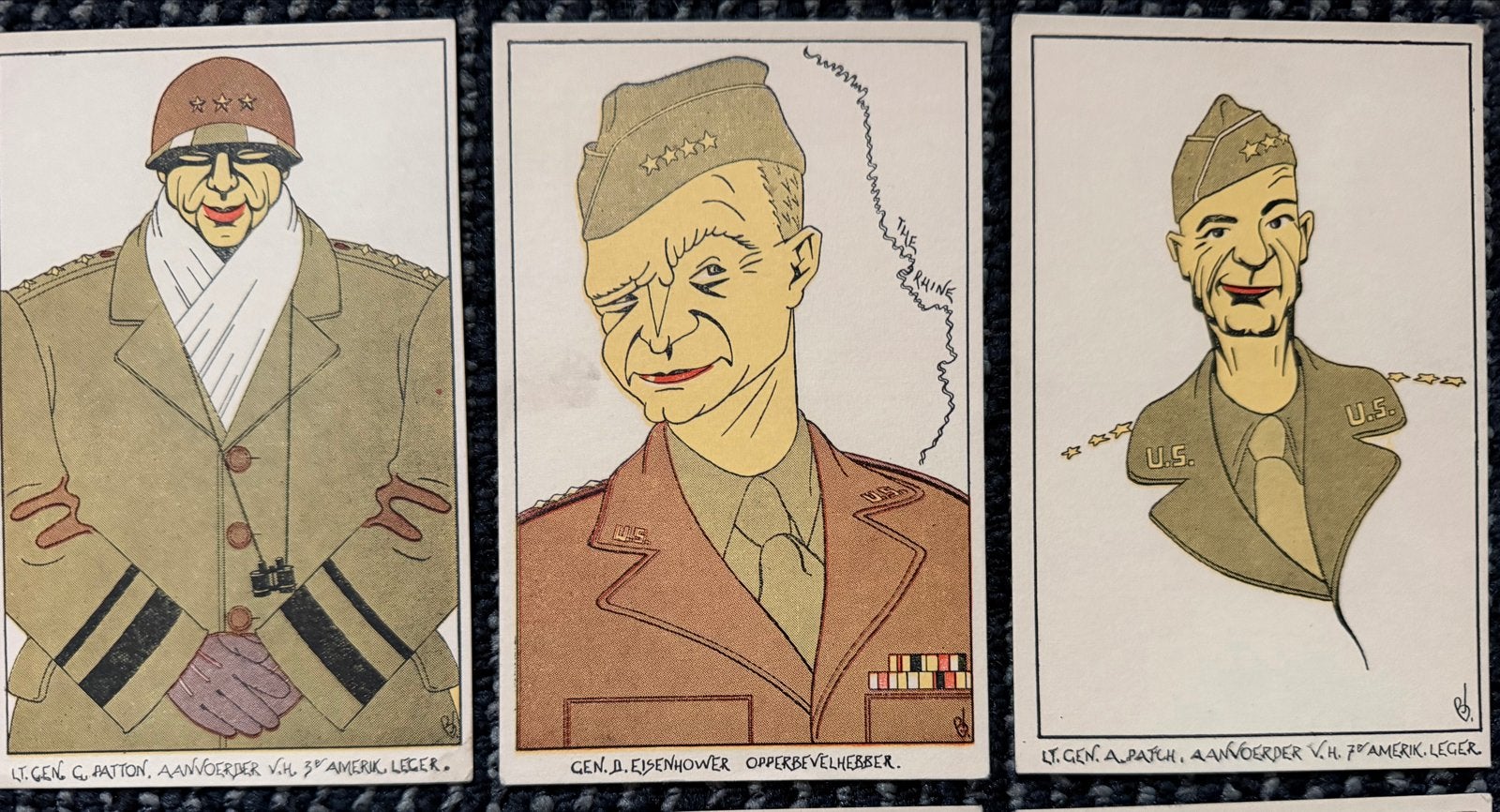Spotprenten WOII Generaals: Patton, Eisenhower, Patch, Ophalen of Verzenden, 1940 tot 1960, Gelopen, Politiek en Historie