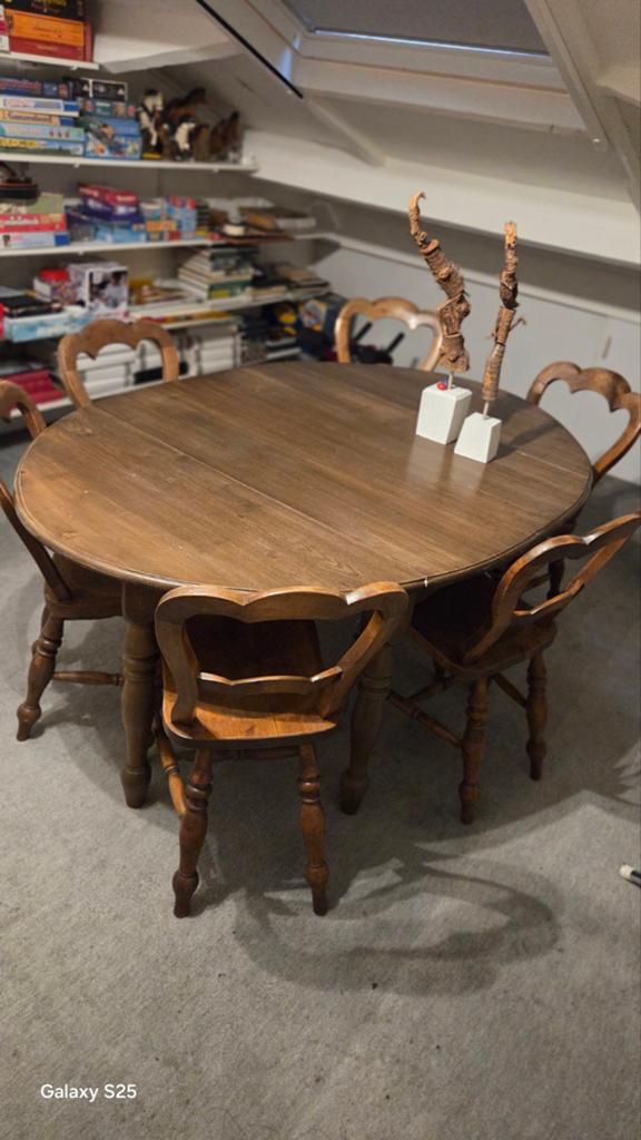 Vintage houten eettafel met 6 stoelen, Antiek en Kunst, Ophalen