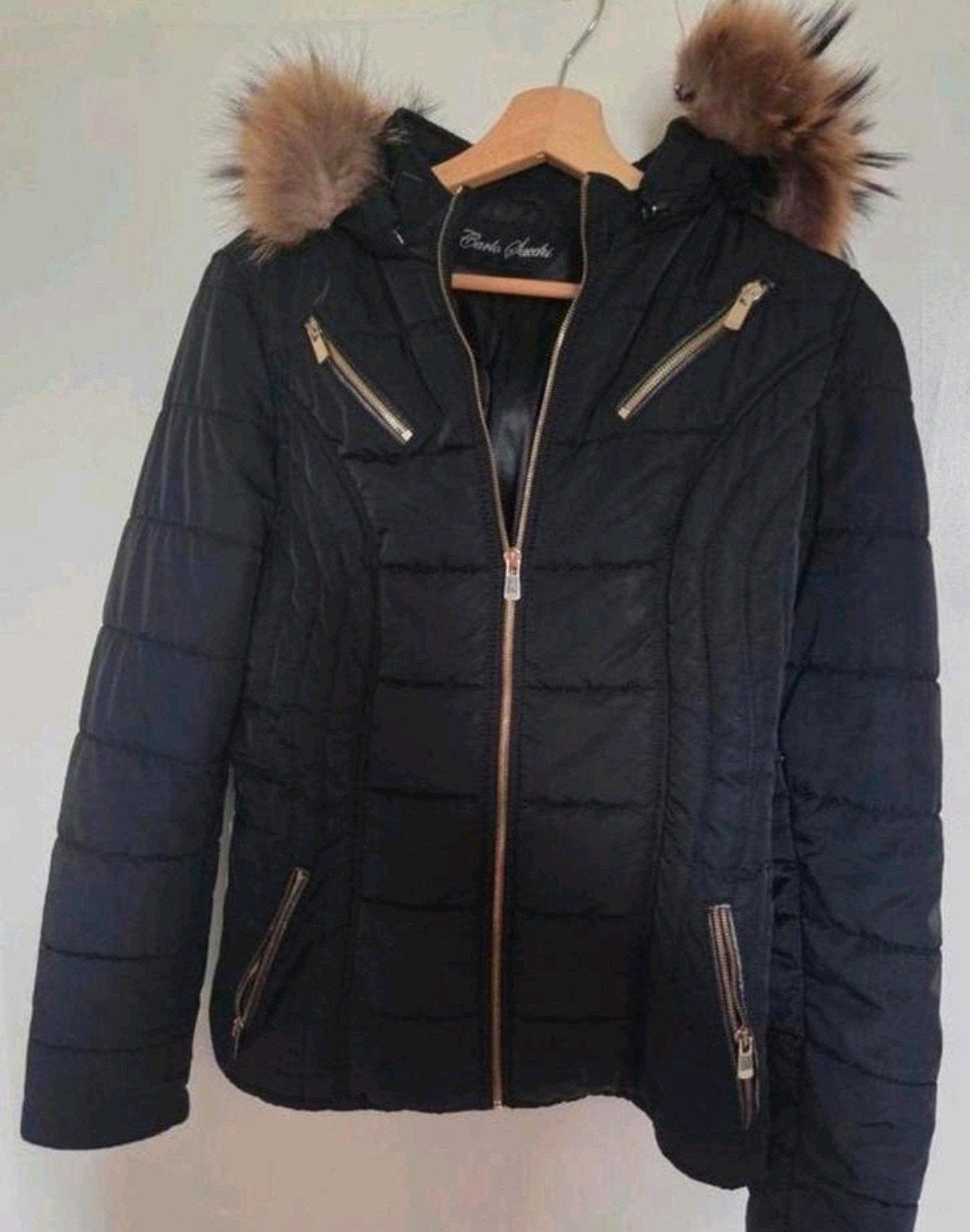 Carlo Sacchi dames winterjas zwart met bontkraag, maat M, Kleding | Dames, Jassen | Winter, Ophalen of Verzenden