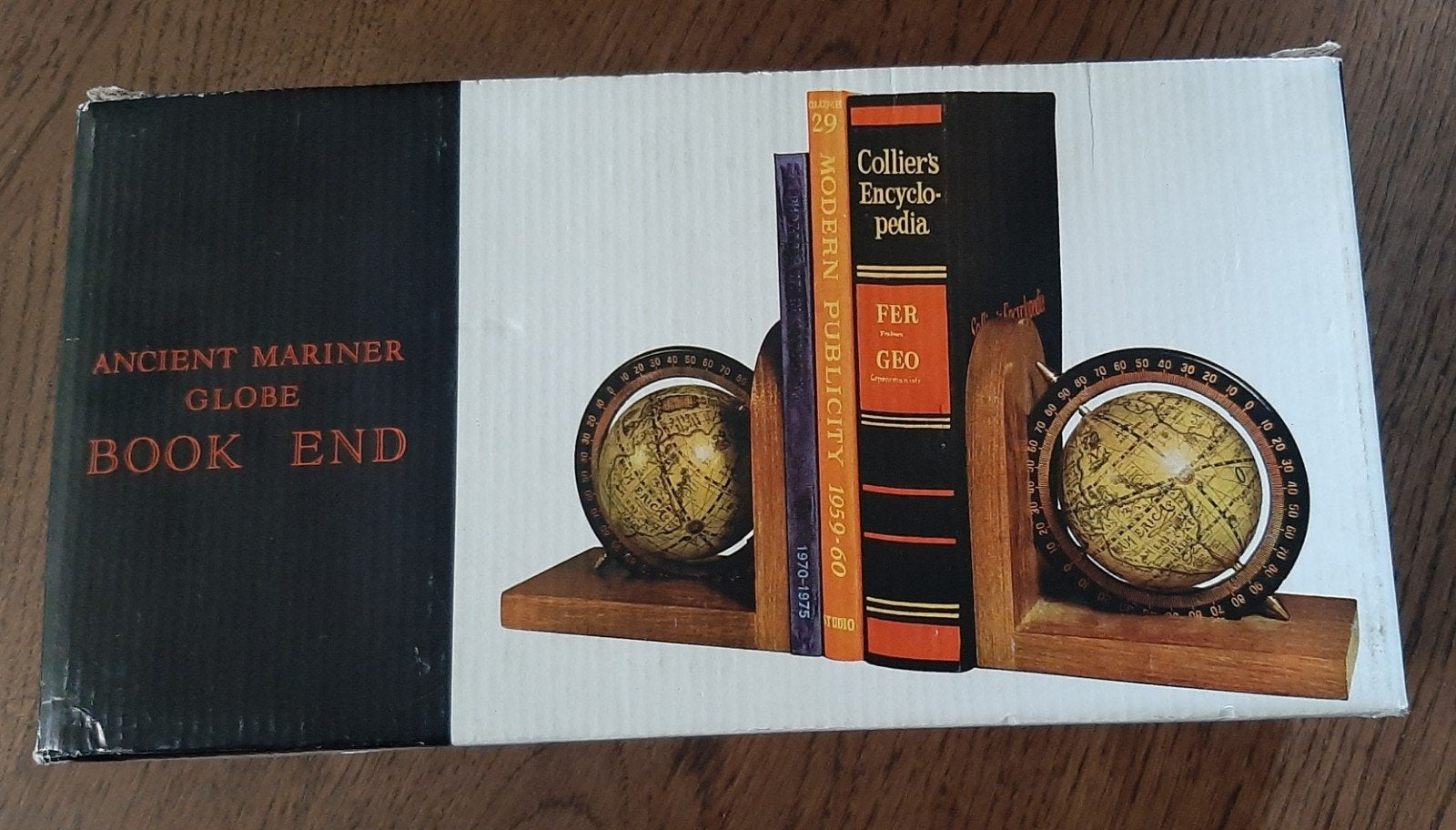 set houten boekensteunen wereldbol globe in doos, Ophalen of Verzenden, Zo goed als nieuw