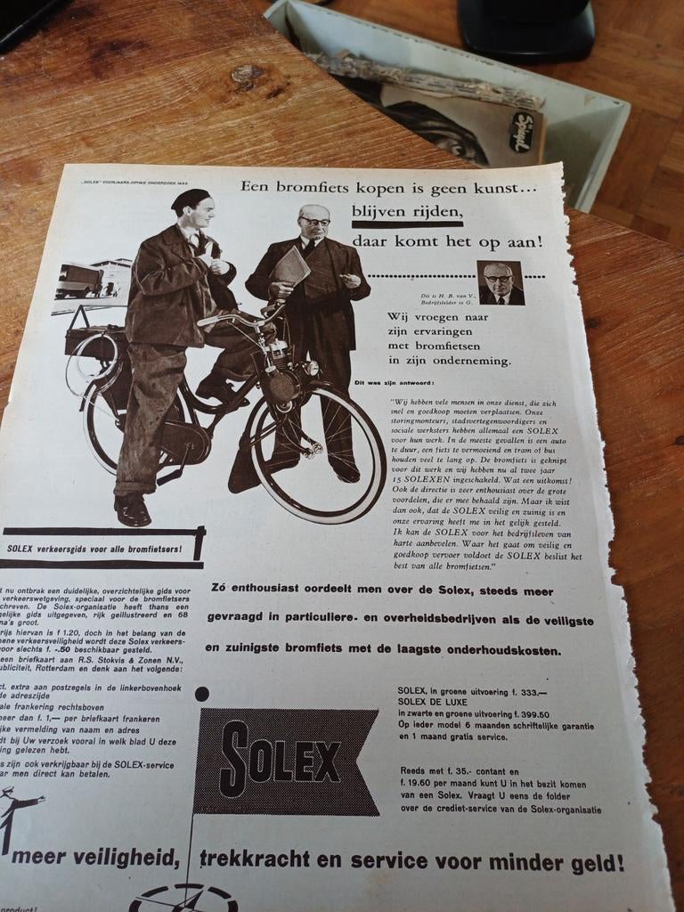 Advertentie van Solex bromfiets blijven rijden 1955, Verzamelen, Merken en Reclamevoorwerpen, Ophalen of Verzenden, Zo goed als nieuw