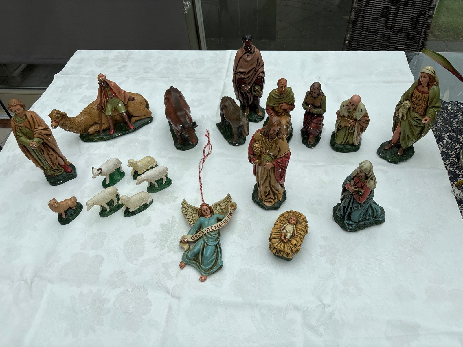 Vintage Kerststal Beeldjes Set - Compleet en Handgeschilderd, Antiek en Kunst, Ophalen of Verzenden