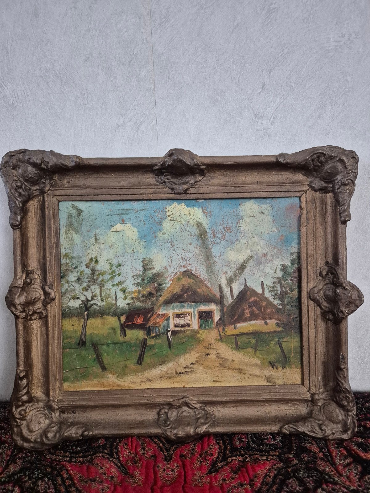 Oud Hollands Landschap met Boerderijen - Olieverf op Paneel, Ophalen of Verzenden