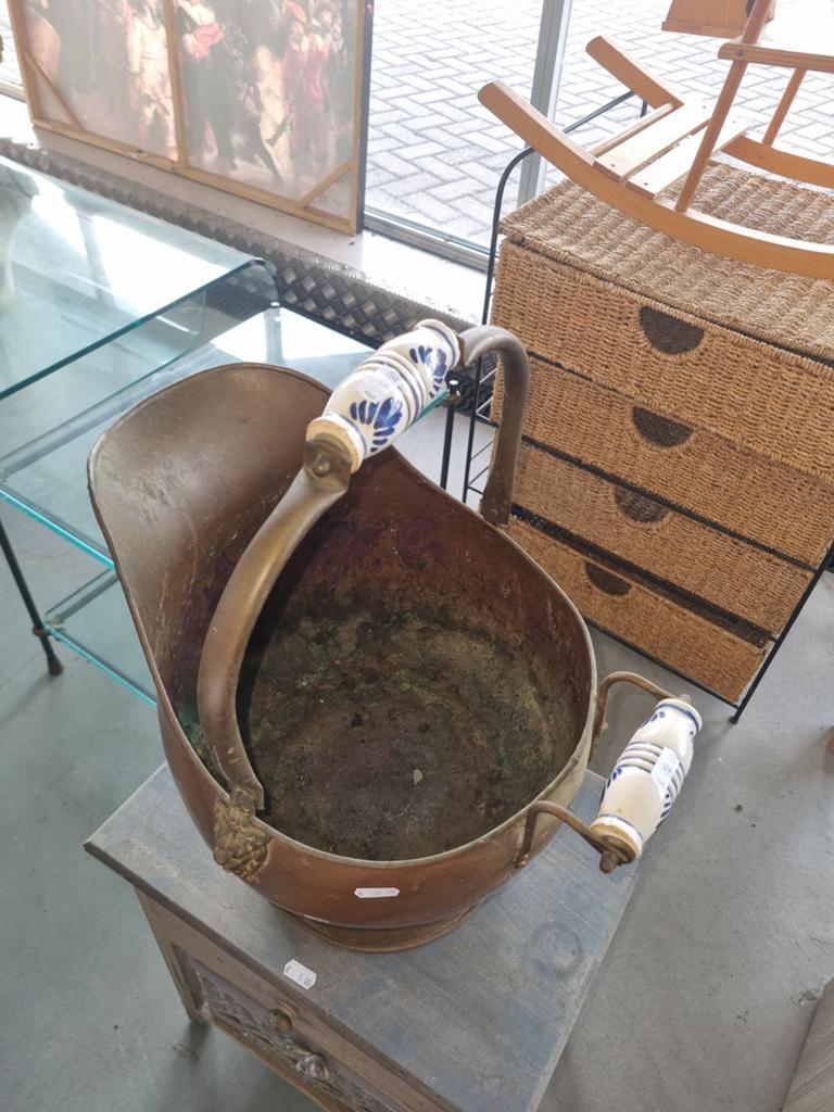 Antieke Koperen Kolenkit met Porseleinen Handvatten, Ophalen, Koper