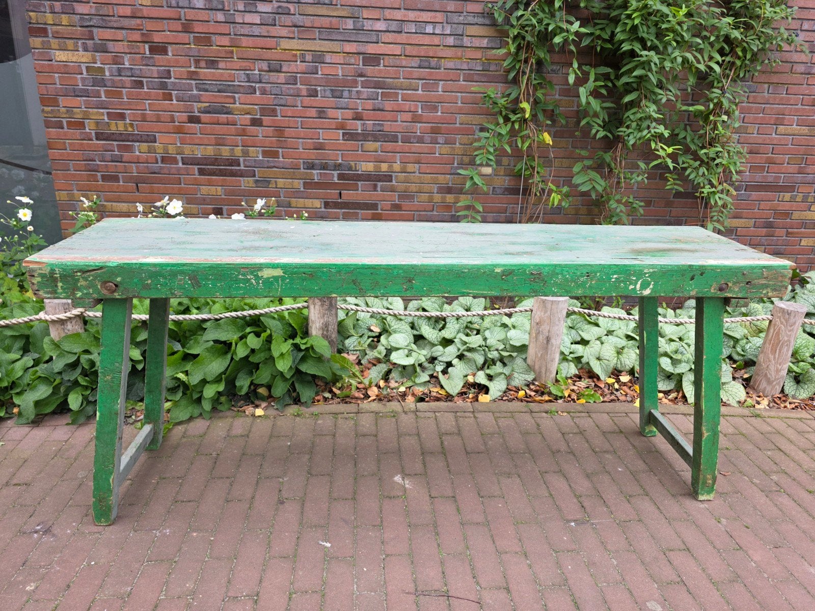 Vintage groene houten werkbank / werktafel 168 cm, Ophalen, Gebruikt, 120 tot 170 cm, Inklapbaar