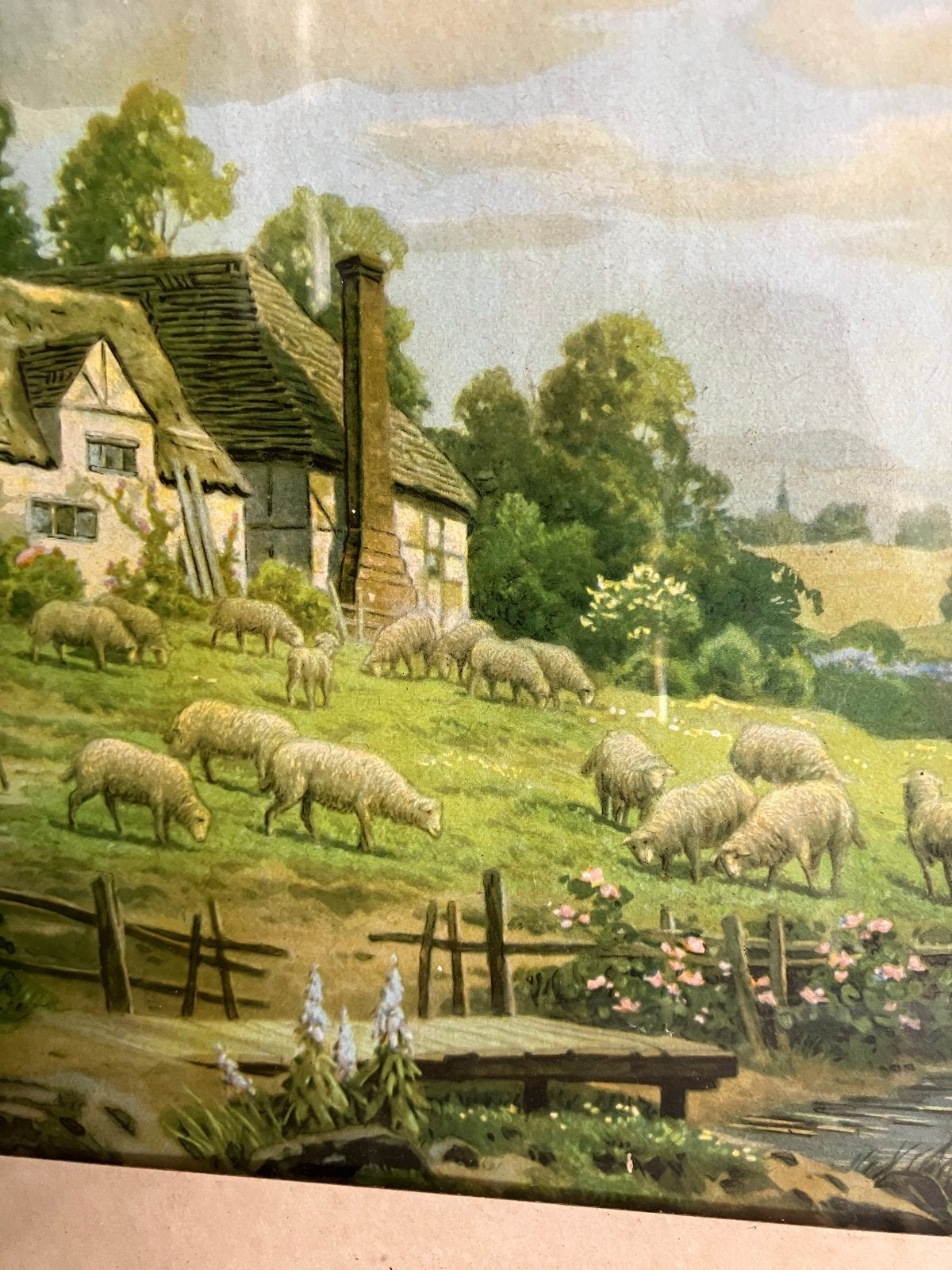 Vintage Prent Herder met Schapen 26x32cm, Ophalen of Verzenden, Print, Prent, Ingelijst