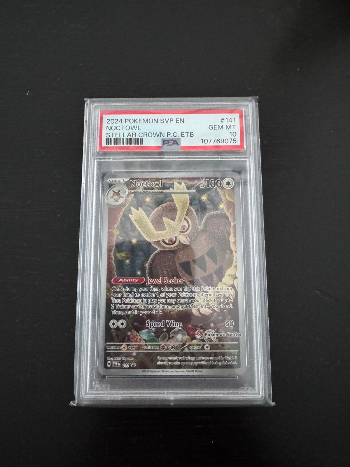 Pokemon Noctowl SVP 141 Pokemon Center promo PSA 10, Ophalen of Verzenden, Zo goed als nieuw, Losse kaart, Foil