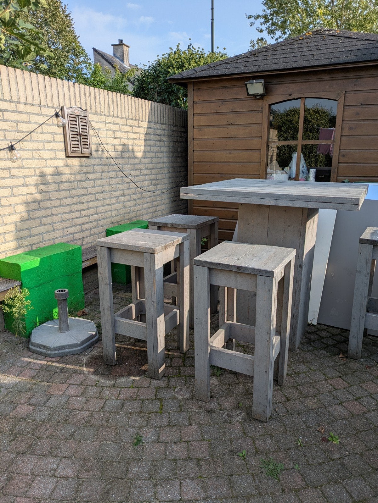 GRATIS - Steigerhouten hoge tafel met 4 barkrukken, Ophalen, 4 zitplaatsen, Gebruikt, Steigerhout