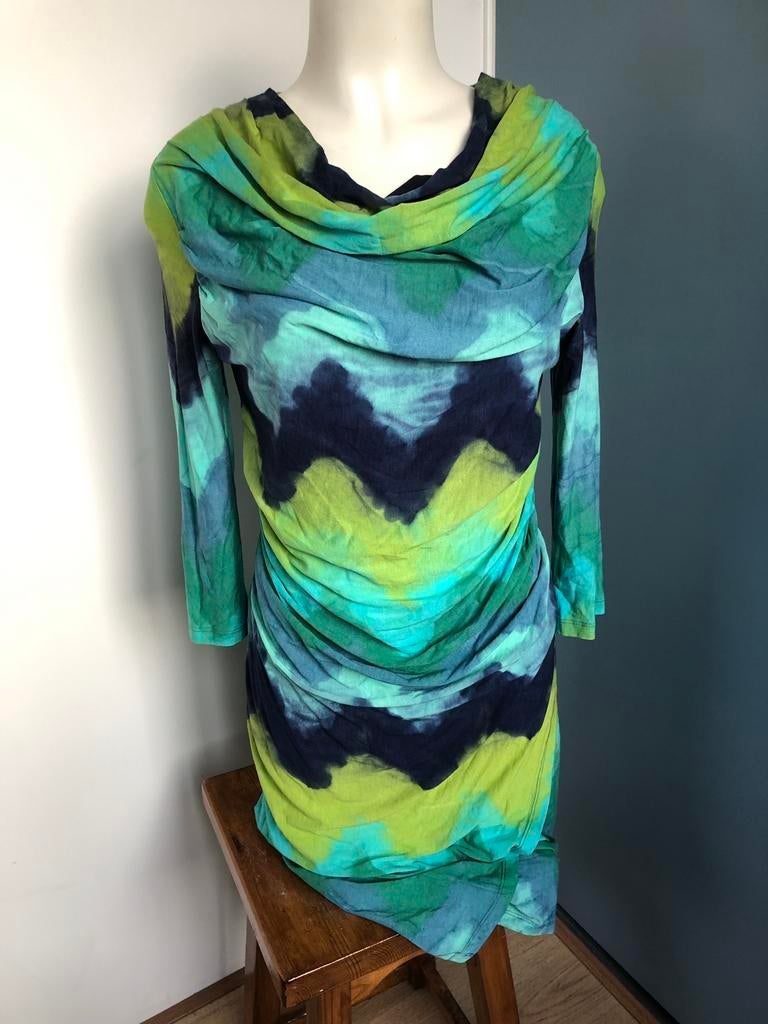 Angelle milan 42 blauw groen Jersey waterval jurkje viscose, Blauw, Maat 42/44 (L), Ophalen of Verzenden, Zo goed als nieuw