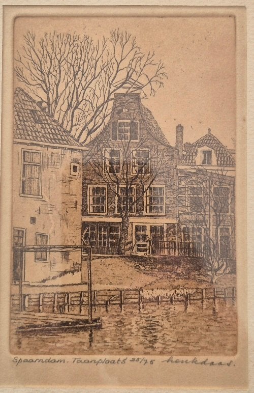 Ets Spaarndam Taanplaats door Henk Daas nr 25/75, Antiek en Kunst, Ophalen, Stadsgezicht, Ets