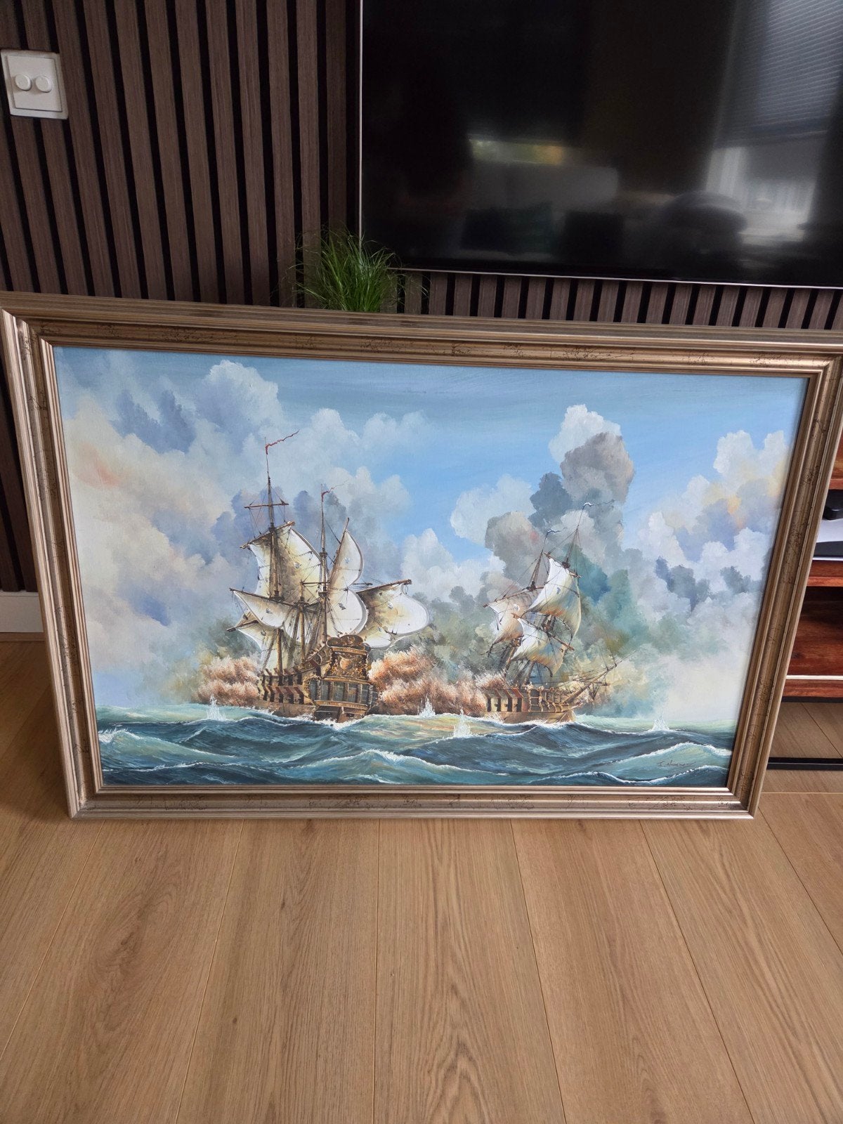 Schilderij Zeeslag - Maritiem Kunstwerk 100x70 cm, Antiek en Kunst, Maritiem / water, Doek, Realistisch, Ophalen of Verzenden