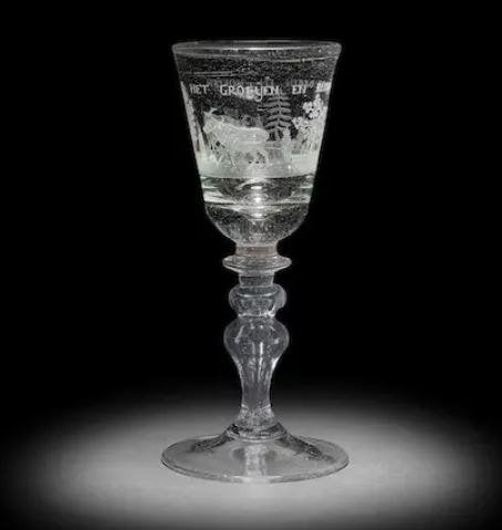 Nederlands Wijnglas, gegraveerd, periode 1700-1725, Antiek en Kunst, Ophalen of Verzenden