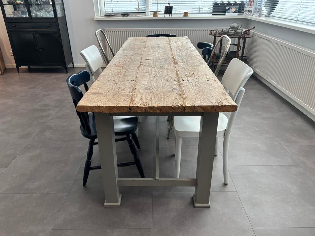 Franse Vintage eettafel met lichtgrijs onderstel 230x78x80, Ophalen, Zo goed als nieuw
