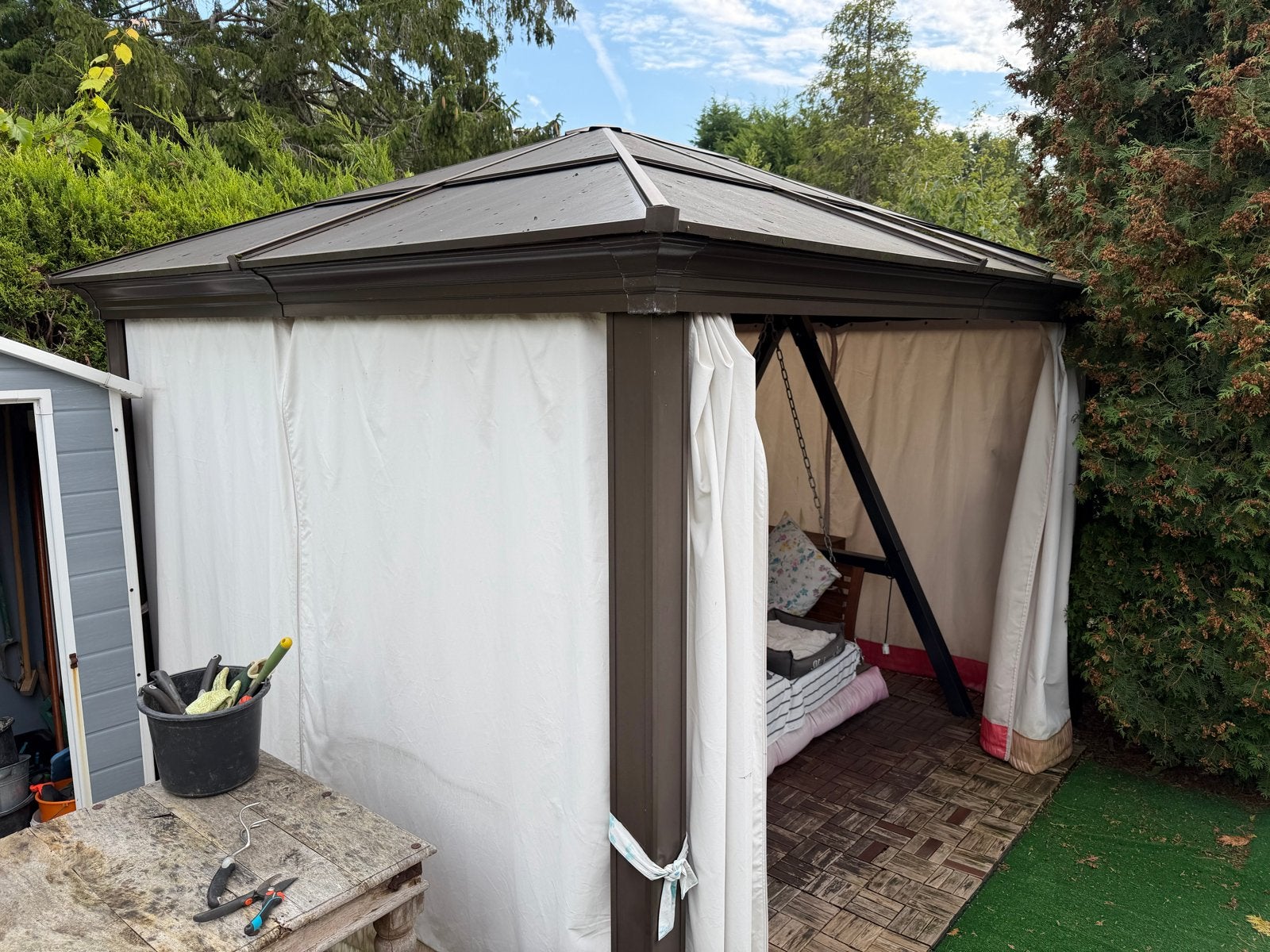 Luxe aluminium tuinpaviljoen met gordijnen, Ophalen, Gebruikt, Minder dan 4 meter, Paviljoen
