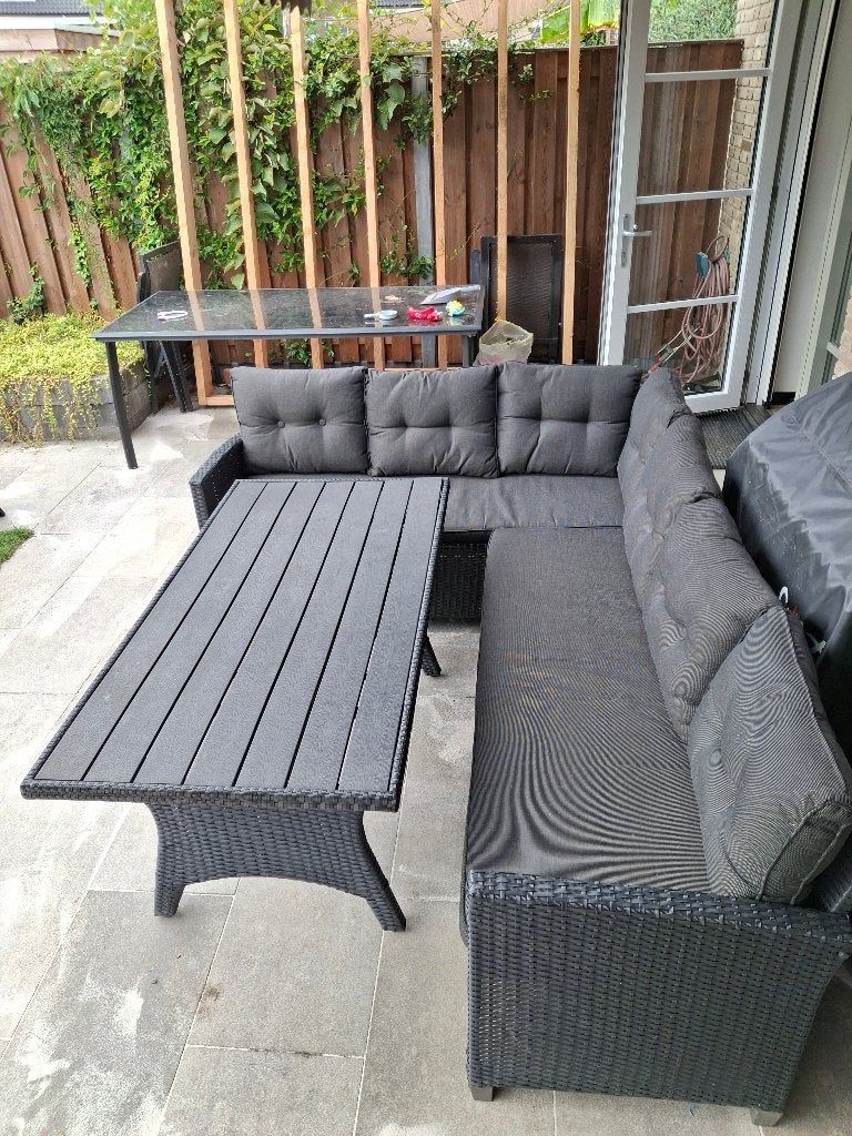 Rotan loungeset met tafel 6 persoons zwart, Kunststof, Gebruikt, 6 zitplaatsen, Ophalen of Verzenden