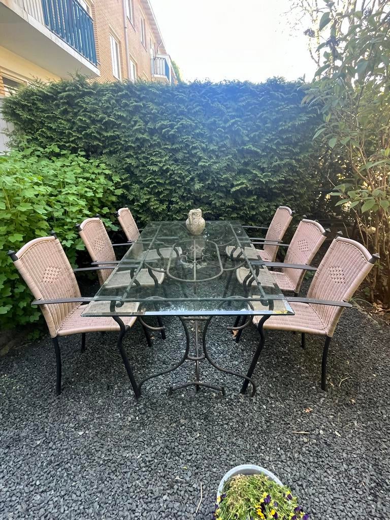 Glazen eettafel met gietijzeren onderstel (200x100 cm), Tuin en Terras, Tuinsets en Loungesets, Ophalen, Overige materialen, Gebruikt