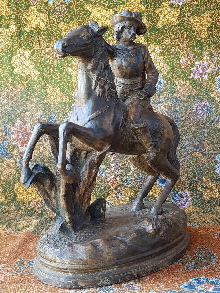 Edelman op paard mooi antiek beeld uit Frankrijk 41 cm. 1900, Ophalen of Verzenden