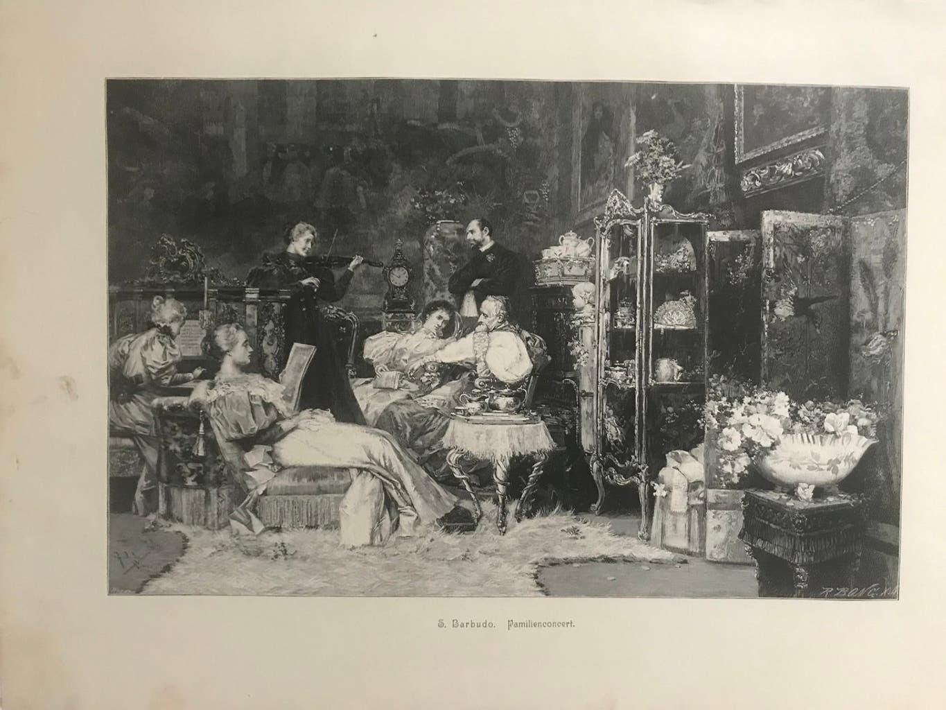 S. Barbudo, familienconcert, or. gravure 1890, 31x20cm.Mooi!, Antiek en Kunst, 2000 tot heden, Origineel, Dagelijks leven, Ophalen of Verzenden