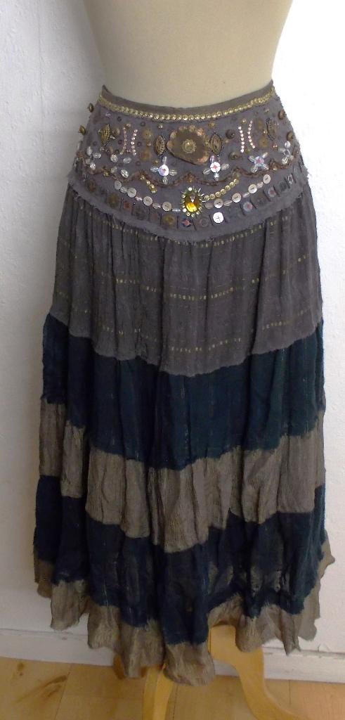 Hippy/India bruine bewerkte stroken rok van Saroco! 38, Kleding | Dames, Rokken, Zo goed als nieuw, Maat 38/40 (M), Bruin, Onder de knie